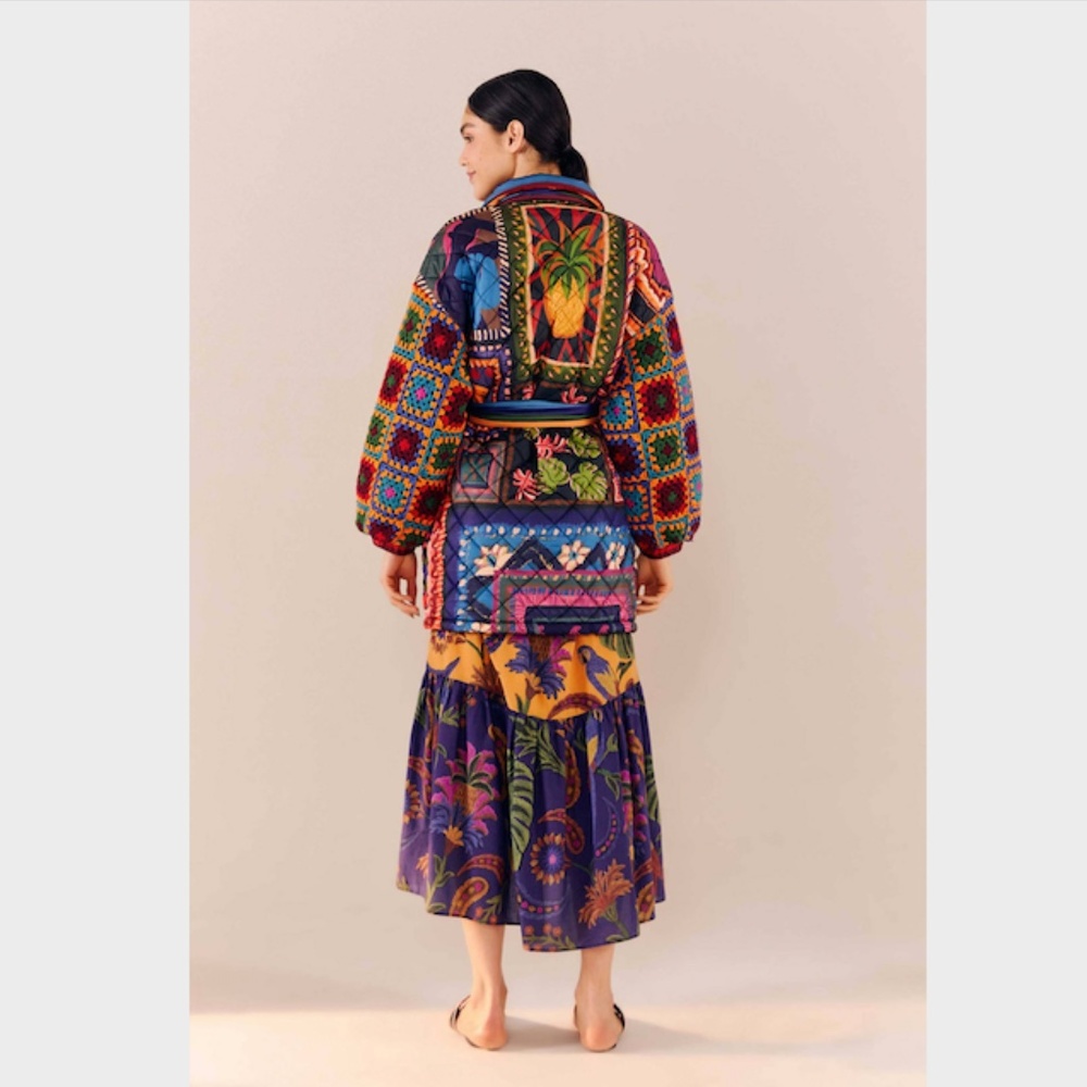 Farm Rio Patchwork Tapestry Crochet Puffer Jacket Size L - Picture 8 of 13
